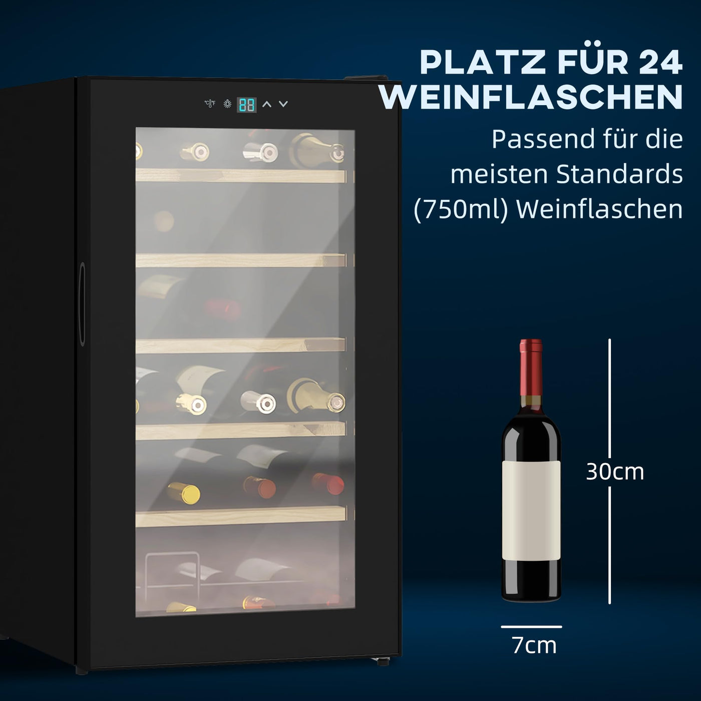 HOMCOM Weinkühlschrank, 65 L Getränkekühlschrank für 24 Flaschen, Weinklimaschrank, Flaschenkühlschrank mit Innenbeleuchtung, Touch, 5-20°C, Schwarz
