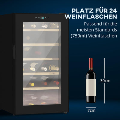 HOMCOM Weinkühlschrank, 65 L Getränkekühlschrank für 24 Flaschen, Weinklimaschrank, Flaschenkühlschrank mit Innenbeleuchtung, Touch, 5-20°C, Schwarz