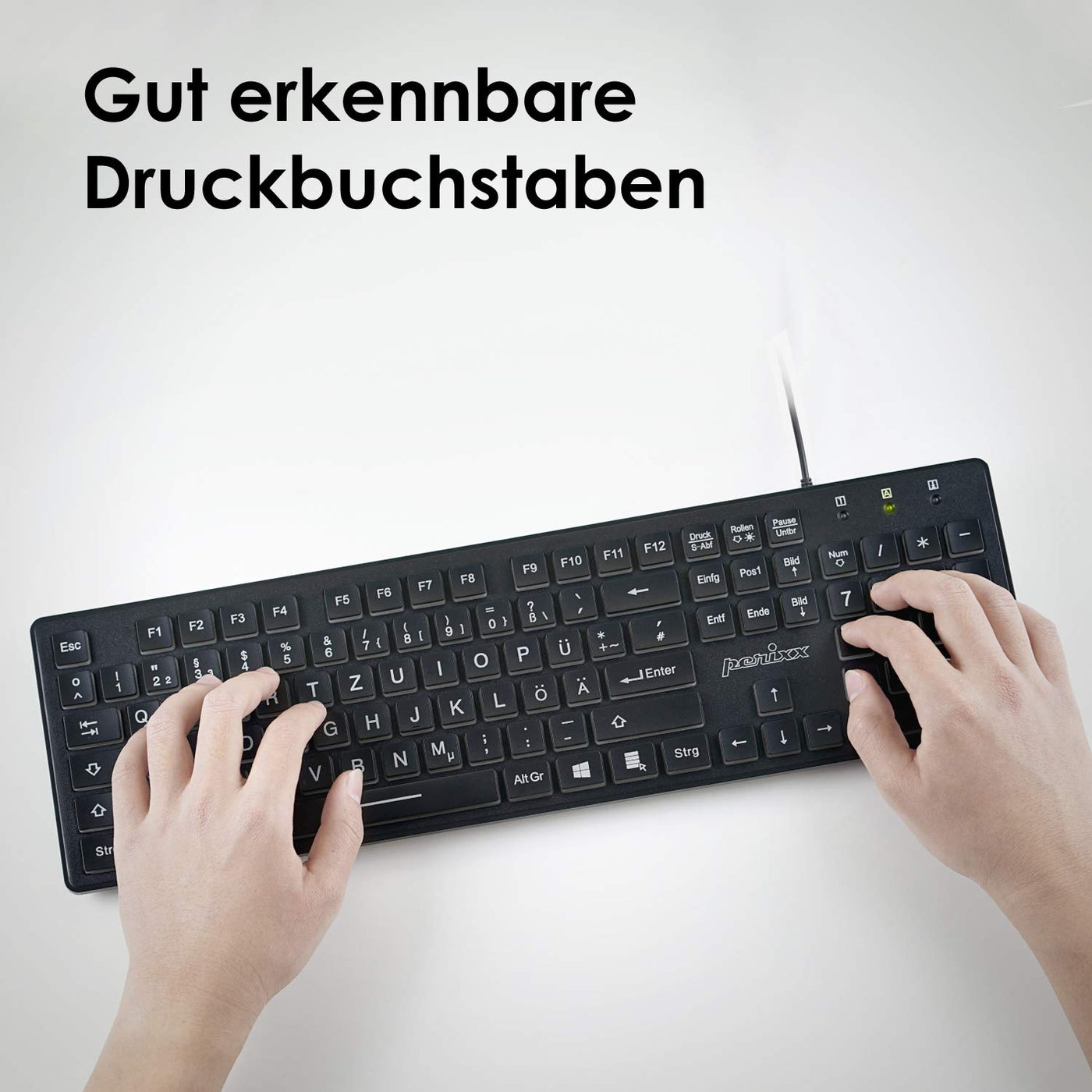 Perixx Periboard-317, Kabelgebundene Tastatur mit weißer LED Hintergrundbeleuchtung, Große Druckbuchstaben, Vollformat, Deutsches QWERTZ Layout