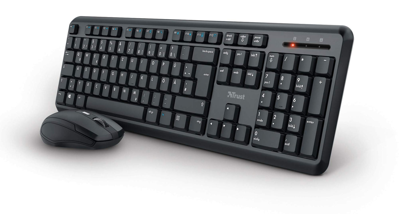 Trust 24080 Ymo Kabelloses Tastatur-Maus-Set - Deutsches QWERTZ - Schwarz & 22879 Verto Wireless Vertikale Ergonomische Maus (Vorbeugung Gegen Mausarm/Tennisarm, Nur für Rechtshänder) Schwarz