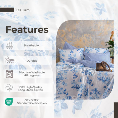LERUUM Bettwäsche Set 140x200 Baumwolle Reversibel Streifen Blumen Blau Weiß Bettbezug (140 x 200 + 65 x 65 cm)