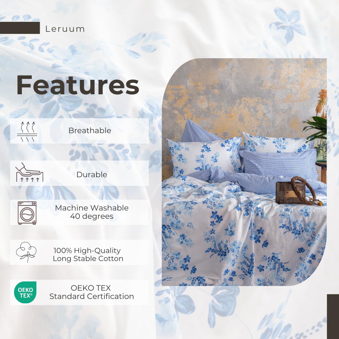 LERUUM Bettwäsche Set 140x200 Baumwolle Reversibel Streifen Blumen Blau Weiß Bettbezug (140 x 200 + 65 x 65 cm)