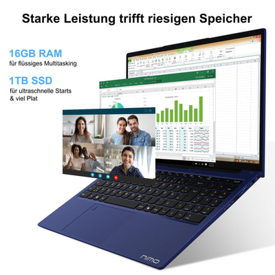 NIMO Laptop 15,6 Zoll Full HD: 16GB RAM, 1TB SSD, Intel N100, WLAN-Konnektivität, USB-C 65W, Fingerabdruck, Beleuchtete Tastatur, Leichter Computer für Arbeit & Studium, Blau