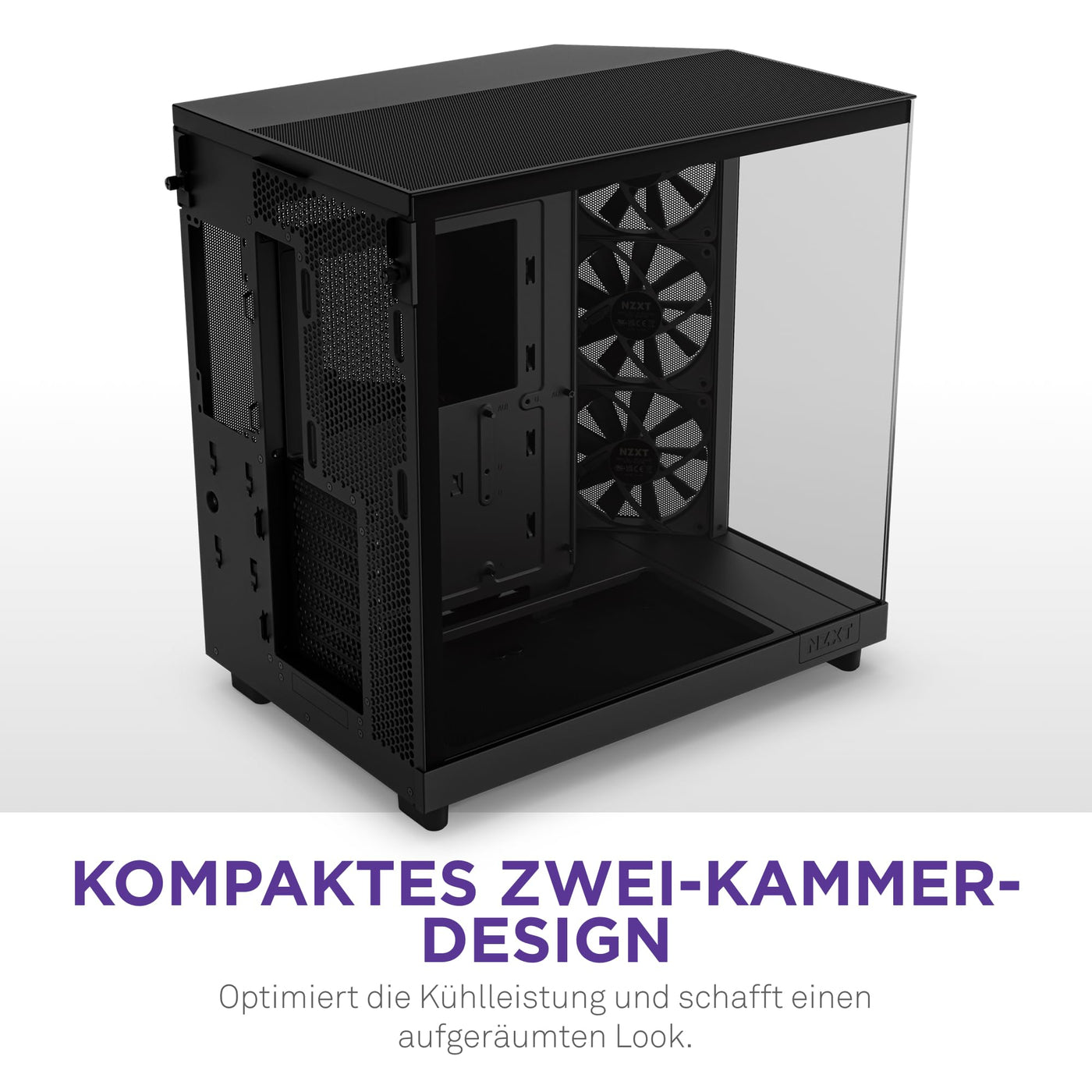 NZXT H6 Flow | CC-H61FB-01 | Kompaktes Mid-Tower Gehäuse mit zwei Kammern | Glaspaneele mit Panoramablick | Hochleistungs-Airflow-Panels | Inklusive 3 x 120 mm-Lüfter | Schwarz