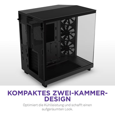 NZXT H6 Flow | CC-H61FB-01 | Kompaktes Mid-Tower Gehäuse mit zwei Kammern | Glaspaneele mit Panoramablick | Hochleistungs-Airflow-Panels | Inklusive 3 x 120 mm-Lüfter | Schwarz