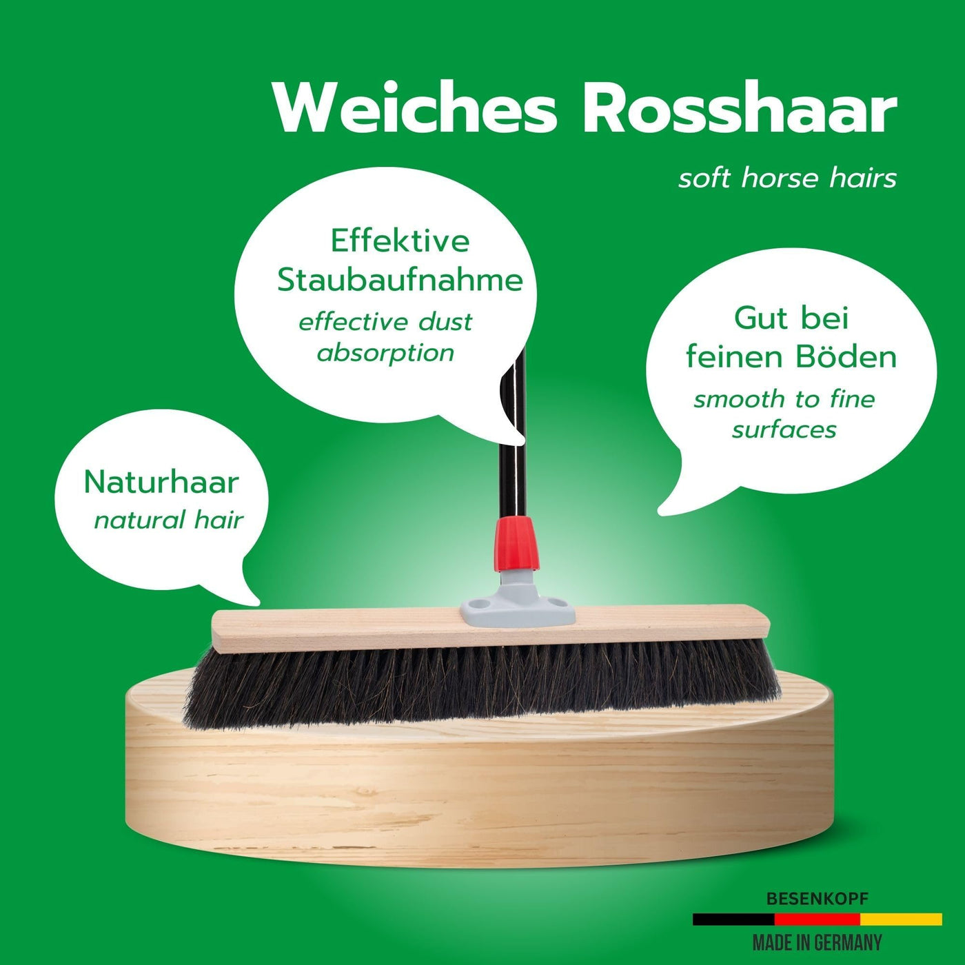 Novaliv Saalbesen 40 cm mit Stiel Borsten Rosshaarbesen Besen fein mit stiel Ideal als Werkstattbesen Hallenbesen Industriebesen Hausbesen Naturhaarbesen Zimmerbesen Haarbesen Stubenbesen Besen weich