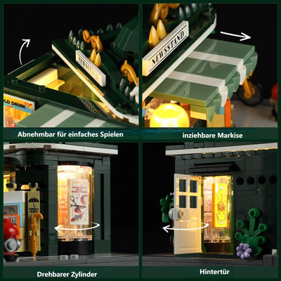 FUNWHOLE Kiosk Beleuchtung Klemmbausteine Haus, Schreibtisch-Deko, Retro Modular Building Stadtleben Set, Geschenk für Erwachsene und Jugendliche,556 Pcs,F9023,Newsstand