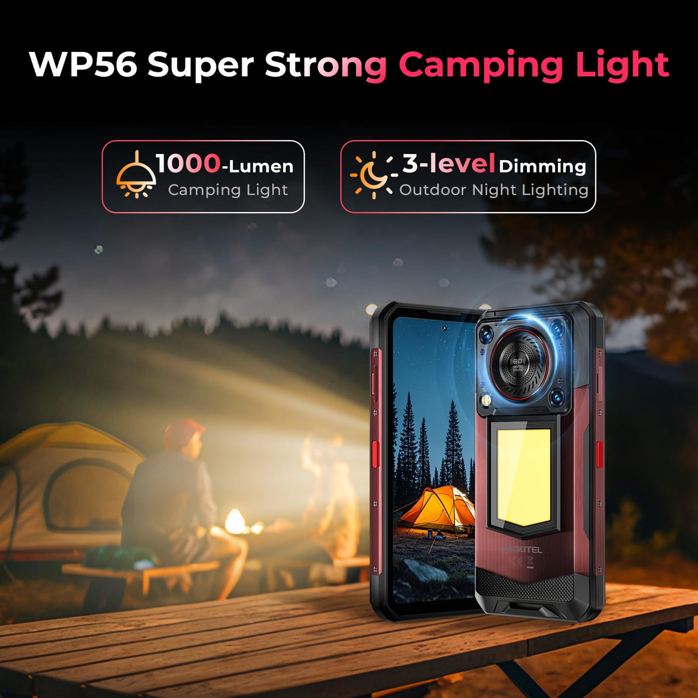 OUKITEL WP56 Outdoor Handy 5G - 36(12 + 24) GB RAM + 512GB/2TB ROM, 16000mAh, 108MP, 128DB Lautsprecher, Baustellen Handy Ohne Vertrag mit 1000 Lumen Campinglicht, 6.8" FHD+ 90Hz, NFC - Rot
