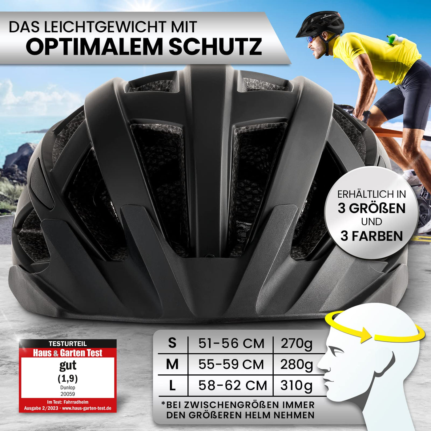 Dunlop Sports Fahrradhelm mit Licht - Sofort gesehen Werden - Ultraleichter Spezial Damen Herren Kinder Fahrrad Helm mit Visier und Rücklicht für hohe Sicherheit - Urban (Schwarz, M (55-59 cm)