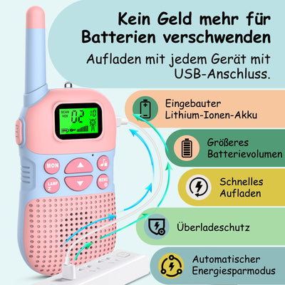 Kidsfun 2×Walkie Talkie Kinder, USB Wiederaufladbar Draußen Spielzeug Walki Talki mit Taschenlampe, Geschenk für Junge und Mädchen ab 3 Jahre,3 Meilen Reichweite für Einkaufen, Freien, Camping. Rosa