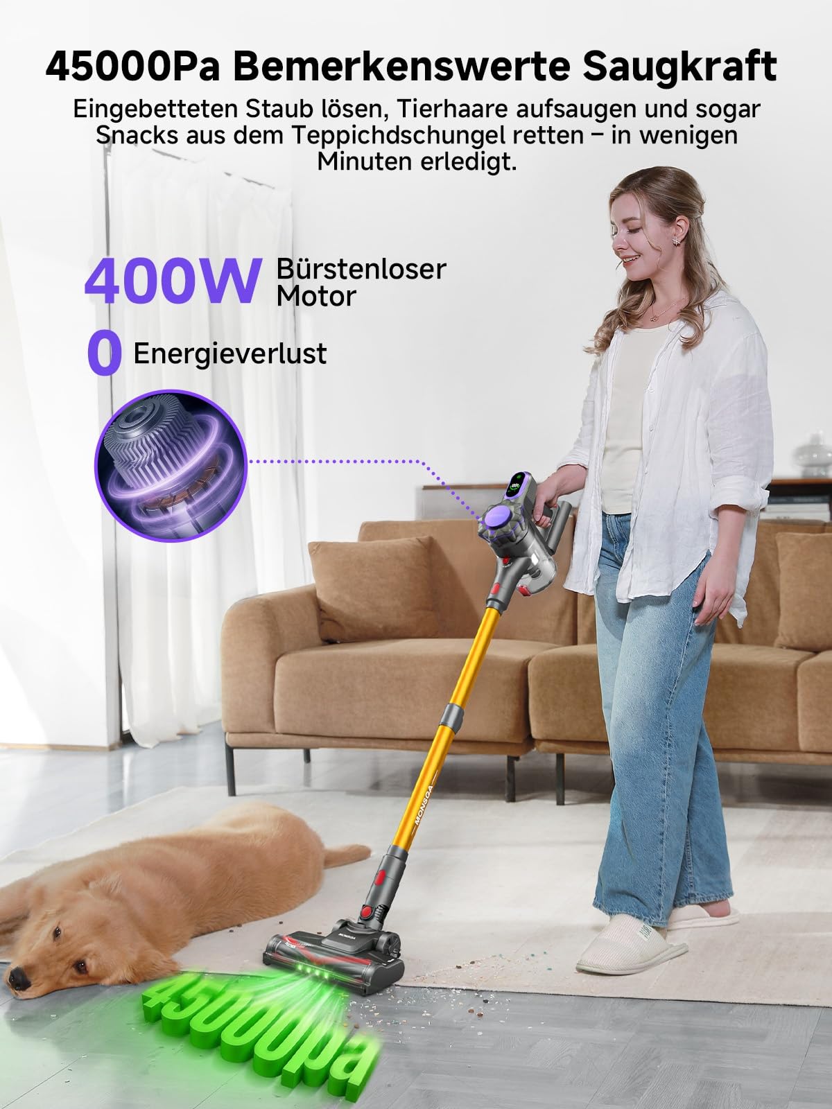 MONSGA Akku Staubsauger,45000Pa/50Mins Staubsauger Kabellos mit Display/Anti-Tangle-Bürste,Selbststehend,Wandladestation,8-Schicht-Filtration,Bürstenloser Motor,für Hartböden Teppiche Tierhaare Auto