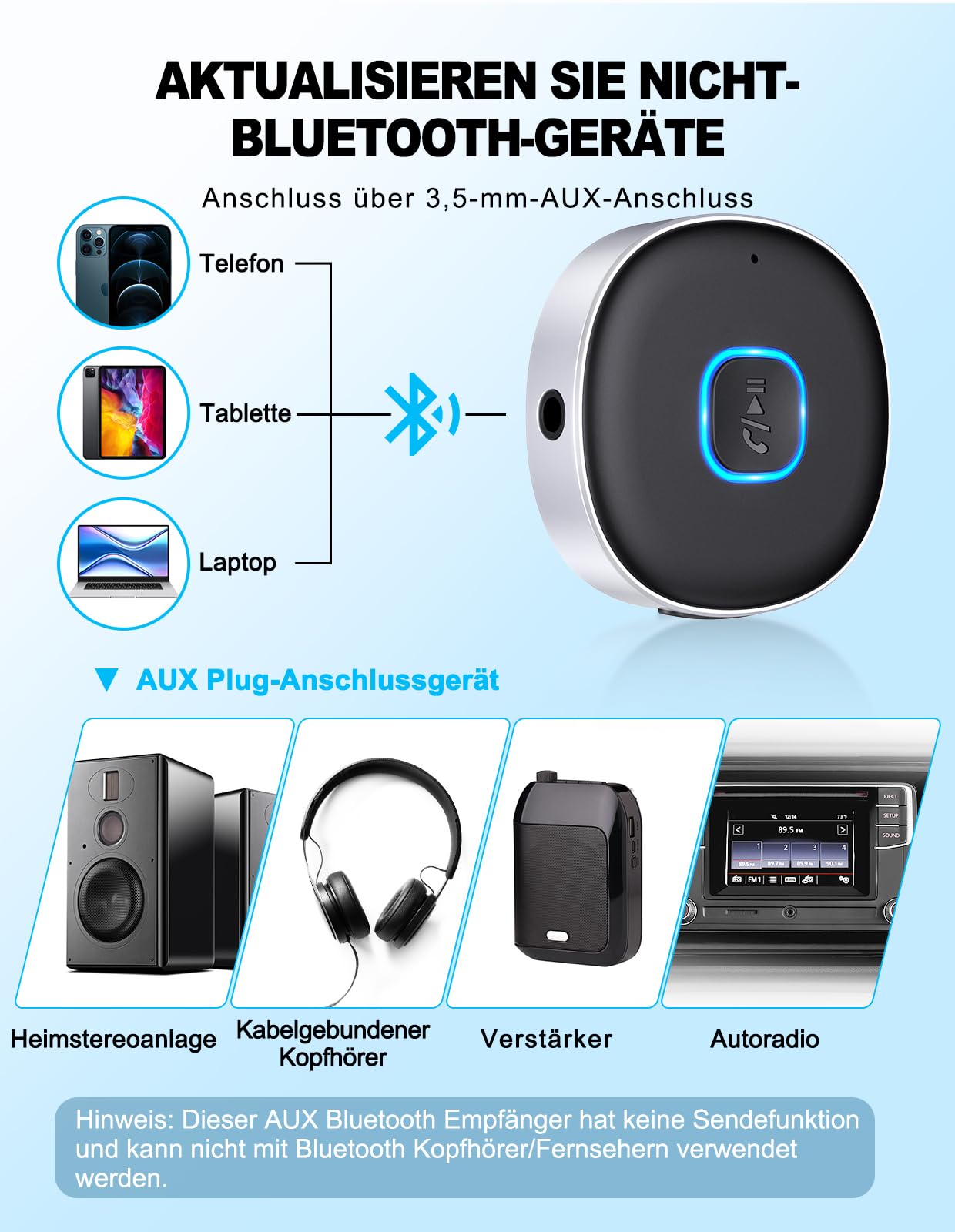 Mohard AUX Bluetooth Adapter Auto, Drahtloser KFZ Bluetooth 5.3 Empfänger für Heim-Stereo/Kabelgebundene Kopfhörer, Bleutooth Adapter AUX 3,5mm, Auto Equalizer, Dual Verbindung, 16 Stunden Spielzeit