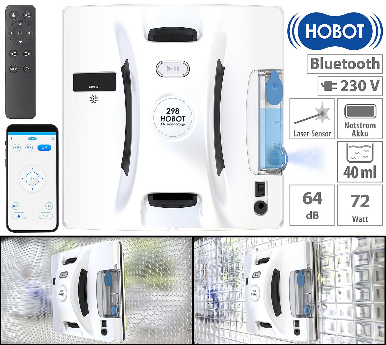 Sichler Haushaltsgeräte Fensterputzroboter: HOBOT-298 Profi-Fensterputz-Roboter mit Sprüh-Funktion, App-Steuerung (Hobot Fensterputzroboter, Profi Fensterputzroboter, Fensterreinigung)