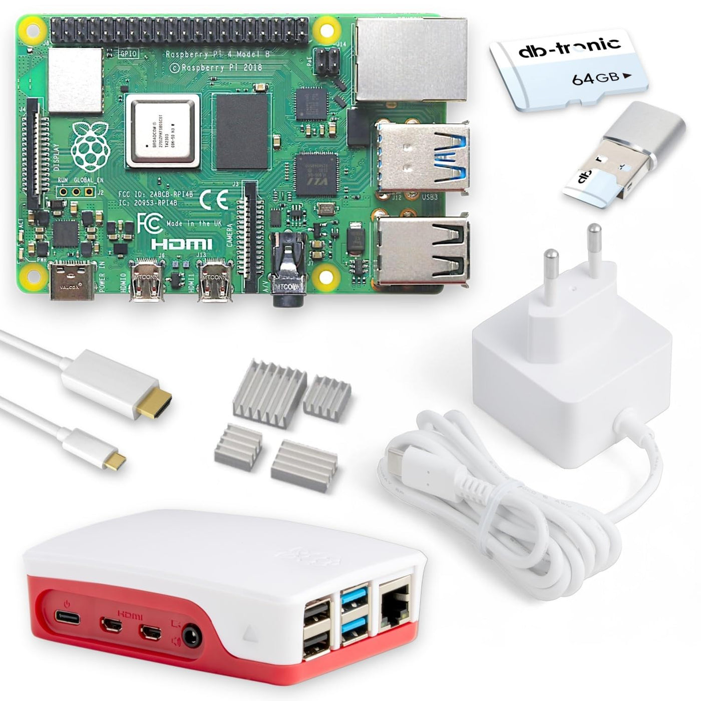 Raspberry Pi 4 2GB Starter-Kit | USB-C Netzteil 15W | Gehäuse | 64GB SD Karte | 4k Micro HDMI Kabel | Kühlkörper Set