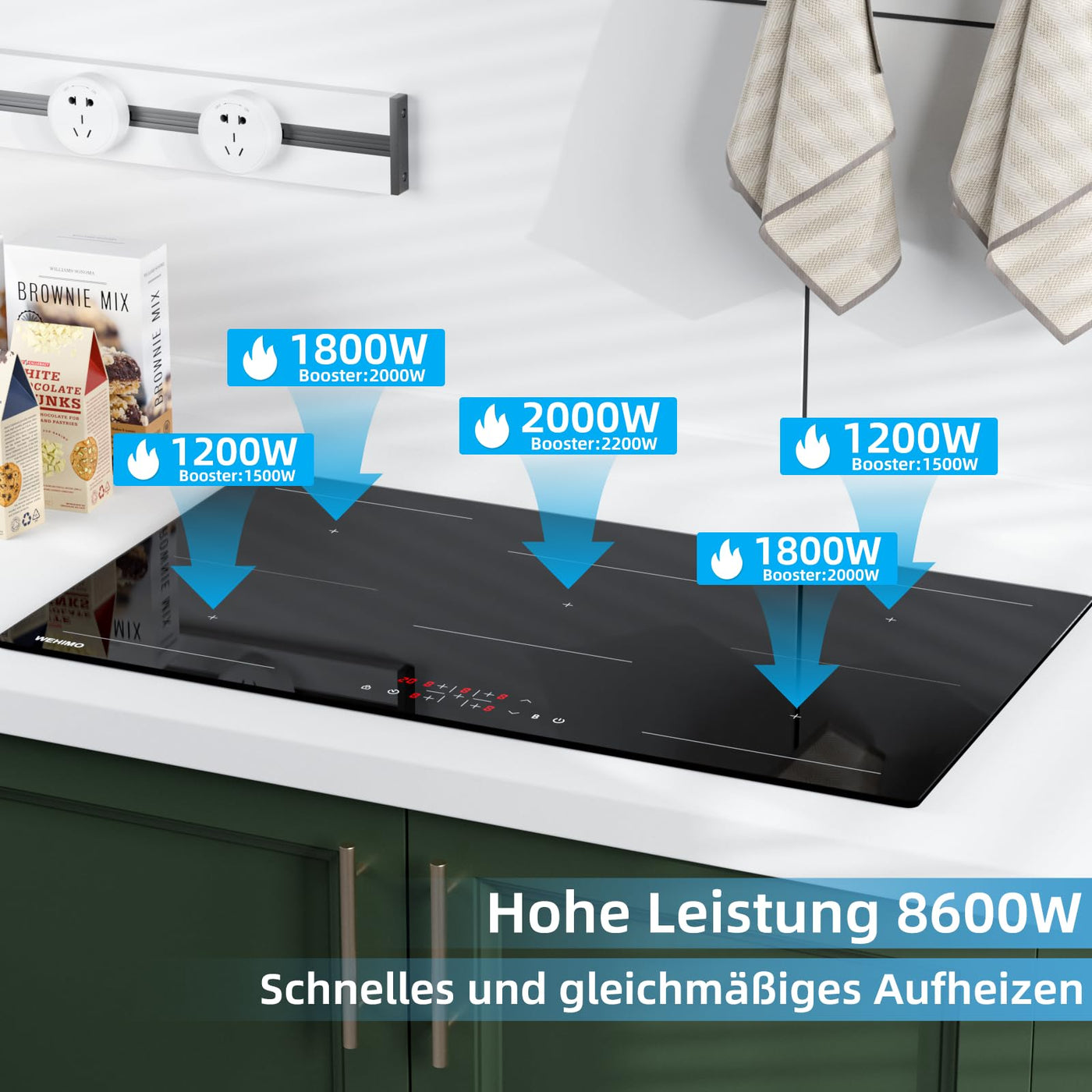 Induktionskochfeld, WEHIMO Induktionskochfeld 5 platten mit Power Booster, 5 Zonen Einbau, 9 Leistungsstufen Induktionskochplatte 90cm (8600W), 220-240V