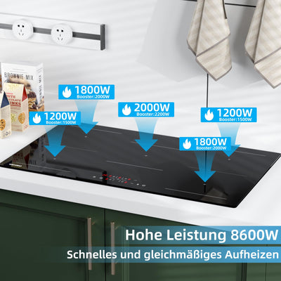 Induktionskochfeld, WEHIMO Induktionskochfeld 5 platten mit Power Booster, 5 Zonen Einbau, 9 Leistungsstufen Induktionskochplatte 90cm (8600W), 220-240V