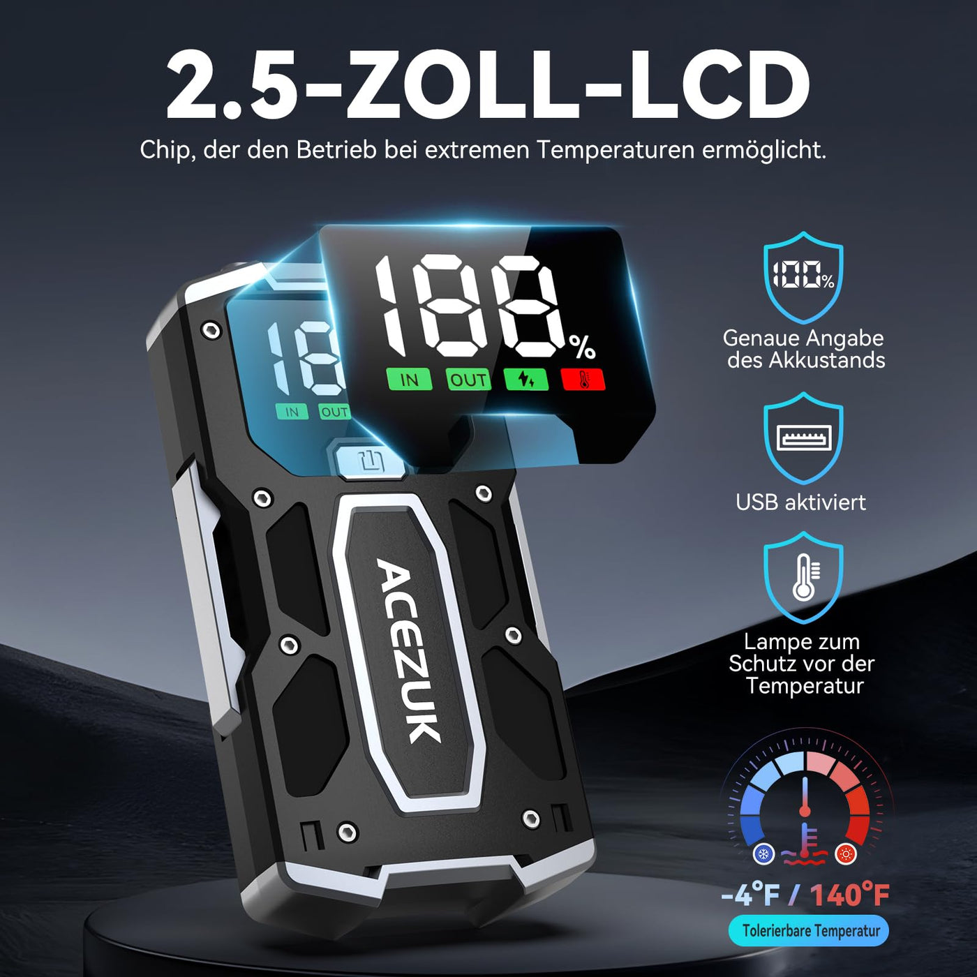 ACEZUK 5000A Starthilfe Powerbank 12V (Bis Zu 7,0L Benzin Oder 5,5L Diesel) Auto Starthilfe mit LED-Taschenlampe, großen Bildschirm, Jumper Bildschirm, Autobatterie Booster für SUV Motorrad Rasenmäher