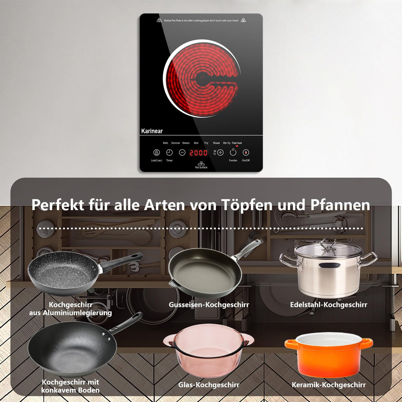 Karinear Glaskeramik Kochfeld 1 Platte Tragbar, 650 °C Max, Keramik Kochfeld Kochplatte 1er Freistehend, 2000W, Herdplatte 1 Kochfelder mit Stecker, Timer, Kindersicherung, Restwärmeanzeige, 220-240V