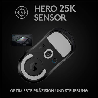 Logitech G PRO X SUPERLIGHT kabellose Gaming-Maus mit HERO 25K Sensor, Ultra-leicht mit 63g, 5 programmierbare Tasten, 70 Stunden Akkulaufzeit, PTFE-Füße ohne Zusatzstoffe, PC/Mac - Schwarz