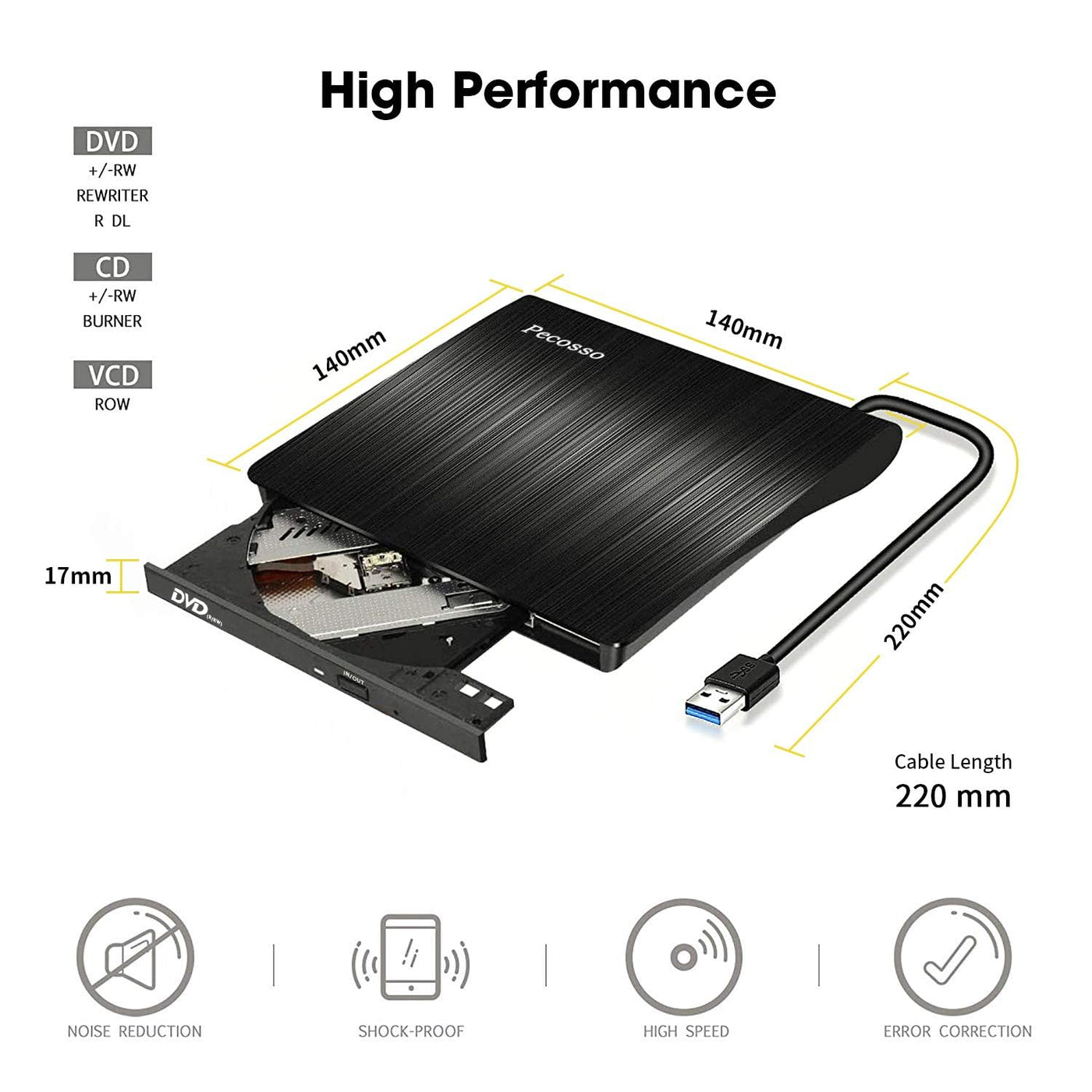 Pecosso Externe CD/DVD Laufwerk USB 3.0, Portable Slim ,RW Brenner für alle Laptops/Desktop; PC unter Windows 7/8/10 und Mac OS für Apple MacBook, MacBook Pro, MacbookAir, iMac(Schwarz)