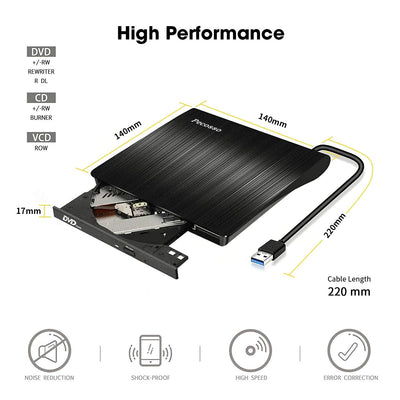 Pecosso Externe CD/DVD Laufwerk USB 3.0, Portable Slim ,RW Brenner für alle Laptops/Desktop; PC unter Windows 7/8/10 und Mac OS für Apple MacBook, MacBook Pro, MacbookAir, iMac(Schwarz)