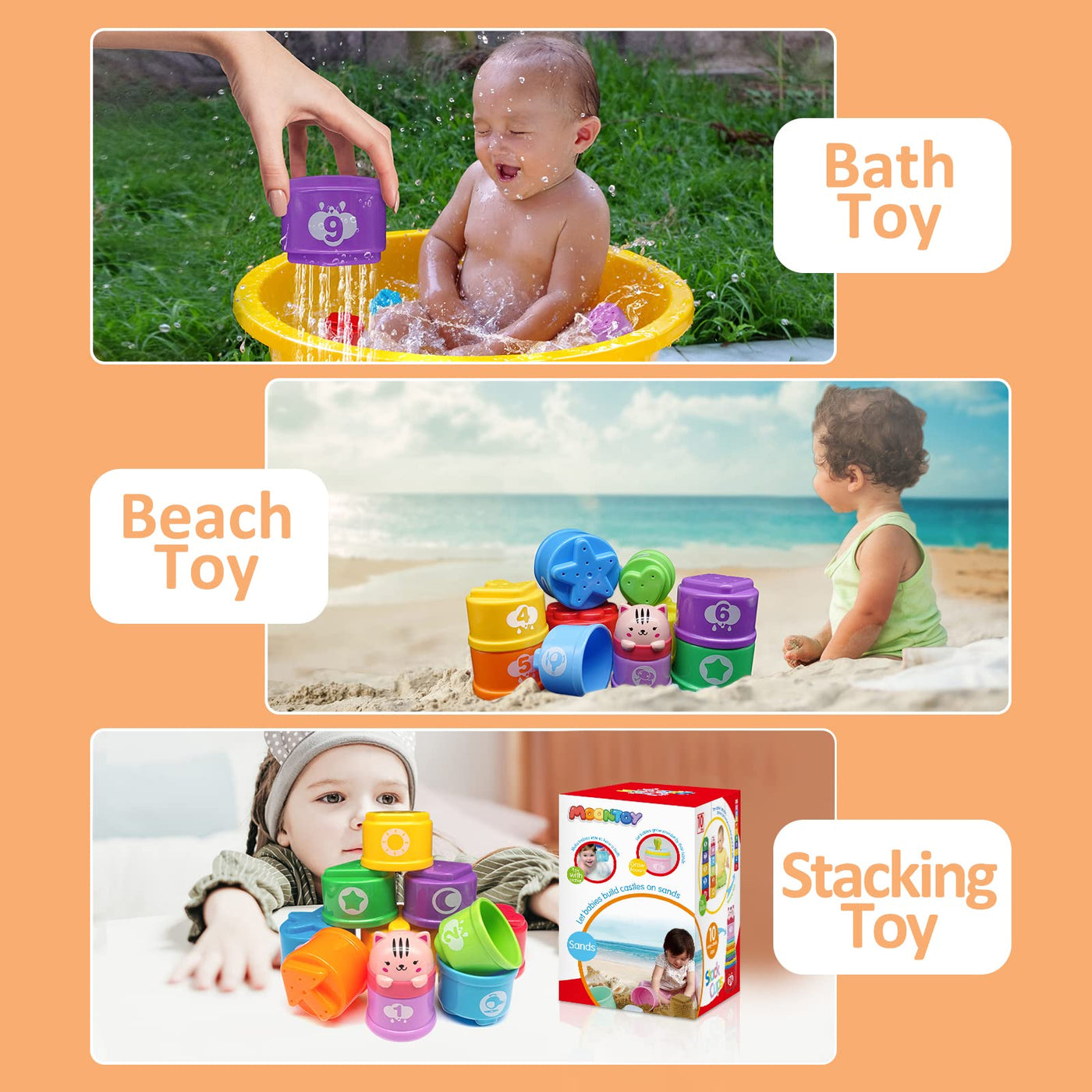MOONTOY Stapelbecher Baby Spielzeug ab 1 Jahr, 11PCS Stapelturm Baby,Stapelwürfel ab 6 9 12 Monate,Badewannen Sandspielzeug 1-6 Jahr für drinnen, draußen, kinderspielzeug Geschenk