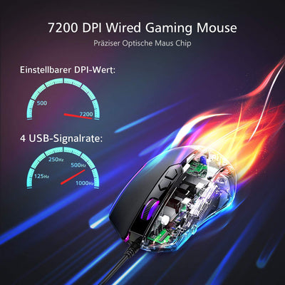 RGB Gaming Maus,Vollion Gamer Maus mit 8 Programmierbare Tasten 7200DPI/RGB-Beleuchtung/Anpassbare Spielprofile,USB-Wired mit ergonomisches Design für MMO, MOBA oder FPS Games für PC/Mac