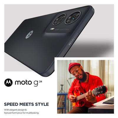Motorola Mobility Moto g24 Smartphone (6,56"-HD+-Display, 50-MP-Kamera, 8/128 GB, 5000 mAh, Android 14) Matte Charcoal, inkl. Schutzcover + Handyhalterung [Exklusiv bei Amazon]
