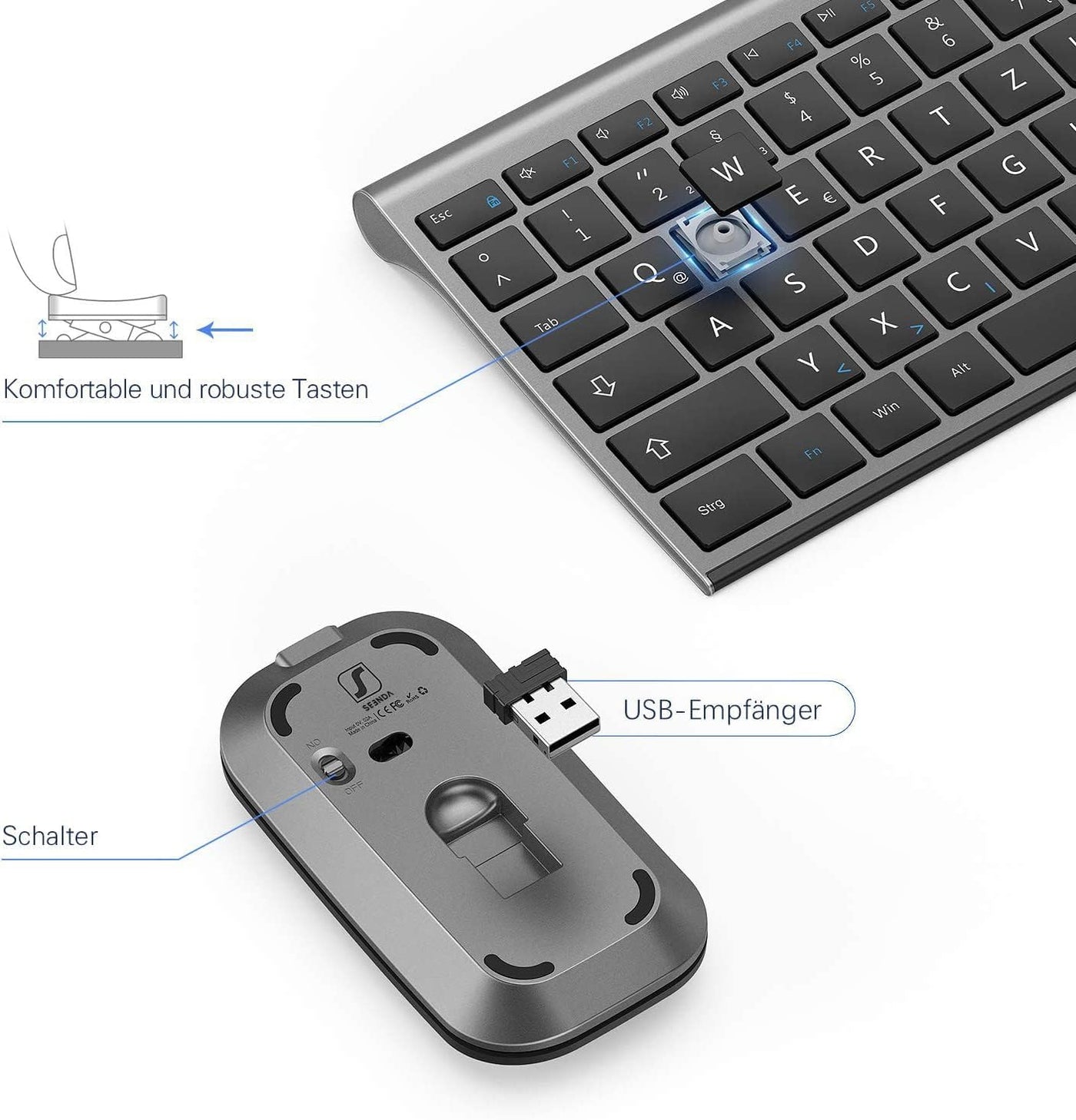 seenda Tastatur Maus Set Kabellos, Wiederaufladbare Kleine Funktastatur mit Maus, Leise Tastatur mit Aluminiumgehäuse für PC/Laptop/Smart TV, QWERTZ Layout, Grau