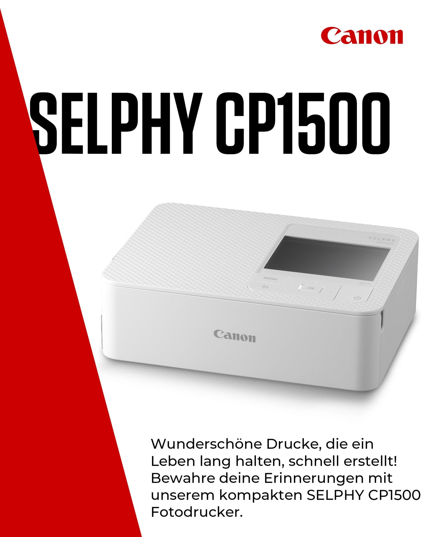 Canon SELPHY CP1500 Mobiler Fotodrucker mit Papierset, Weiß - Drahtloser Bluetooth-Drucker mit Zubehör - Kompakt und Leicht - Mi 54 Blatt Papier im 4x6 Postkartenformat