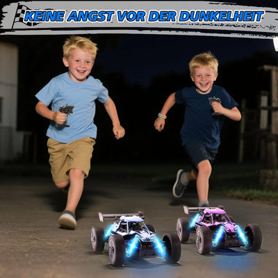 BuzzoXerex 1:18 Ferngesteuertes Auto, 2.4GHz RC Offroad Auto, 2WD 15KM/H RC Buggy mit Sprühfunktion LED-Leuchten, 60 Min Spielzeit, Spielzeugauto Geschenk für Kinder ab 6 7 8 Jahre (Blau)