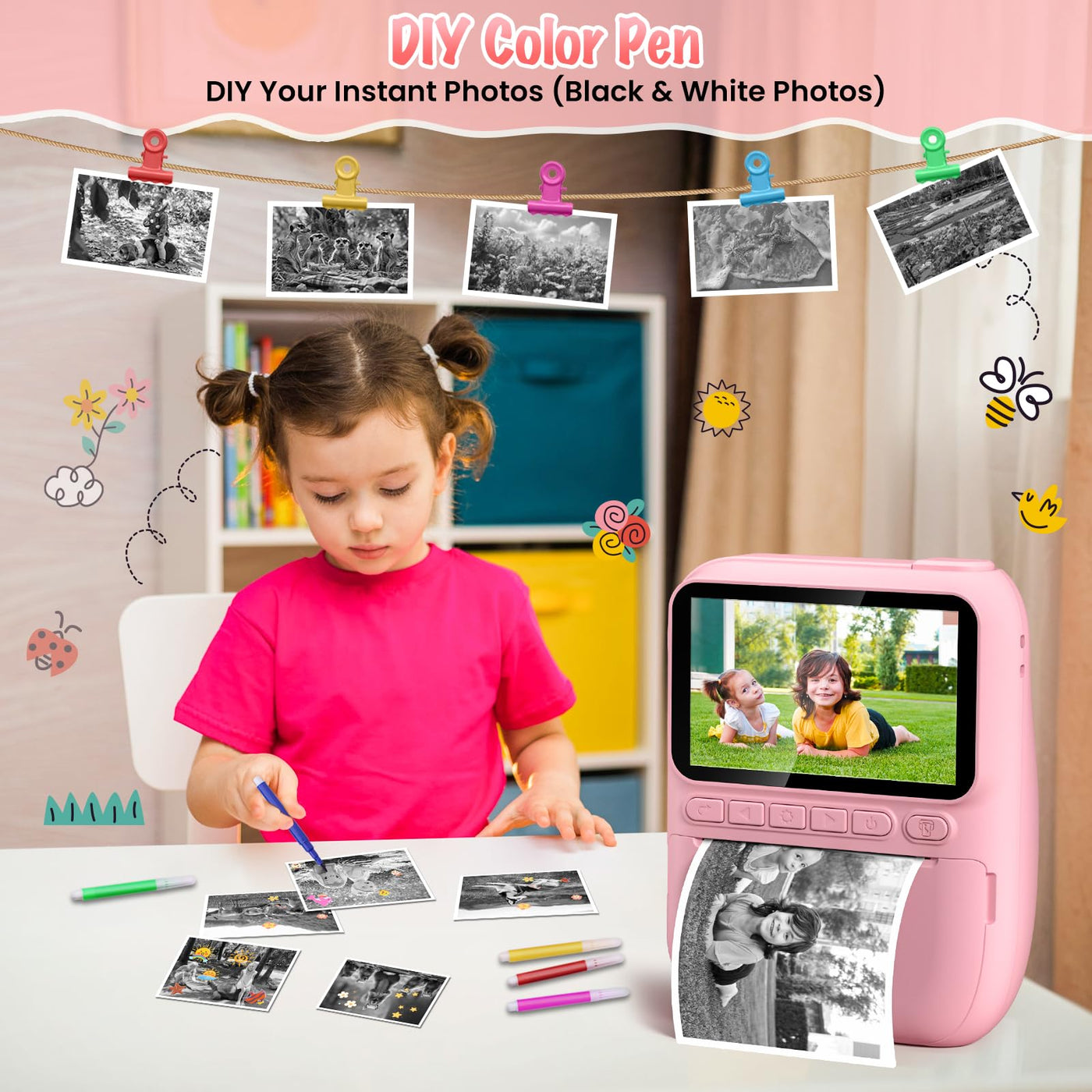 Gofunly Sofortbildkamera Kinder, 3.0 Zoll Bildschirm Kinderkamera Sofortbildkamera mit 32GB Karte & Druckpapier, 14MP/1080P Kamera Kinder Sofortdruck, Geschenk für 3-12 Jahren (Rosa)