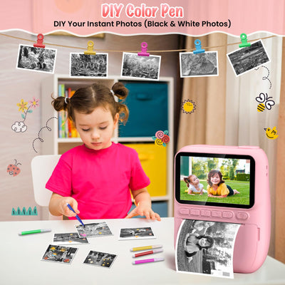 Gofunly Sofortbildkamera Kinder, 3.0 Zoll Bildschirm Kinderkamera Sofortbildkamera mit 32GB Karte & Druckpapier, 14MP/1080P Kamera Kinder Sofortdruck, Geschenk für 3-12 Jahren (Rosa)