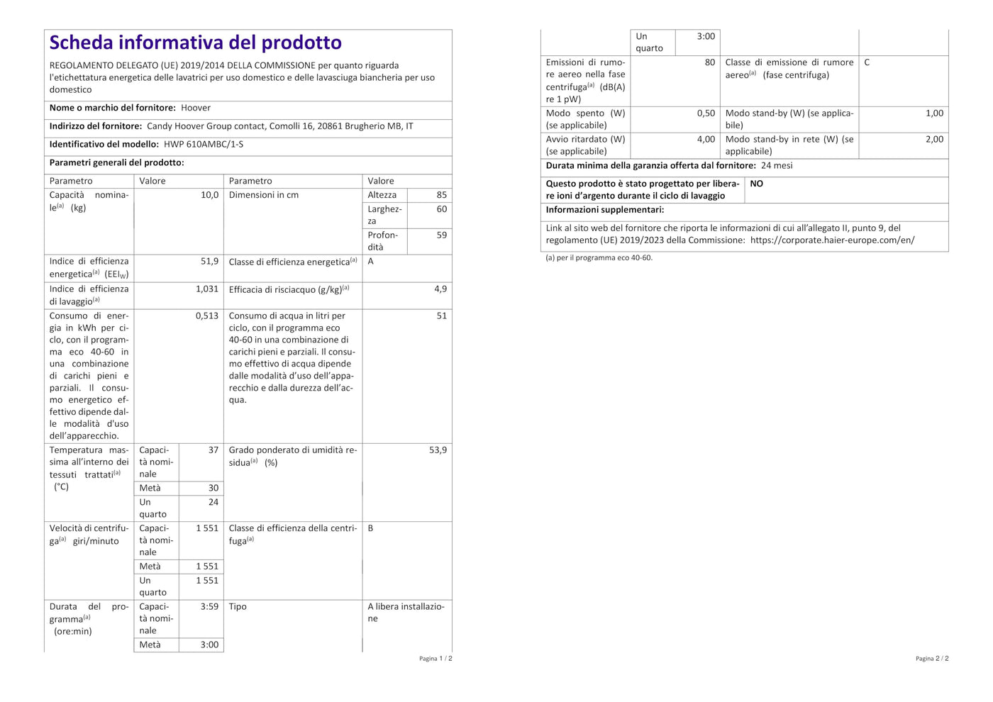 Hoover H-WASH 500 PRO HWP 610AMBC Waschmaschine / 10kg / 1600 U/Min. / Eco-Power Inverter Motor/Auto Care Programm/ActiveSteam Dampffunktion/Mengenautomatik Plus/WLAN
