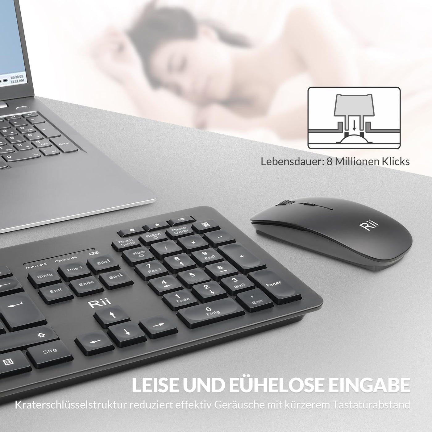 Rii Leise Tastatur Maus Set kabellos, Funktastatur mit Maus, Wireless Keyboard and Mouse, Für PC/Laptop/Windows/Smart TV, Deutsches Layout - schwarz