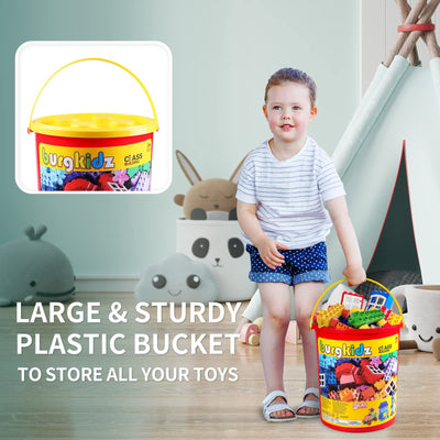 burgkidz Classic Große Bausteine Lernspielzeug in Starkem Plastikeimer, 214 Stück Bauklötze Hochbau Ziegel Bunte Spielzeug Spiel für Kleinkind Jungen Mädchen, Grundfarben