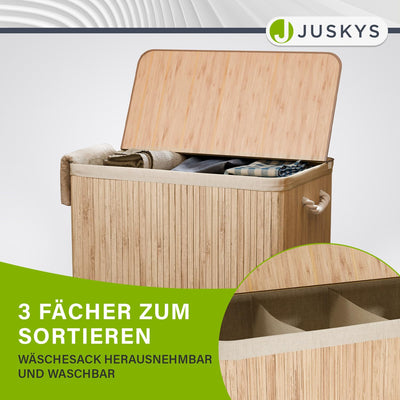 Juskys Bambus Wäschekorb Curly Natur 150L - Hygienischer Wäschekorb mit Deckel, Tragegriff & Wäschesack - 3 Fächer - Natürliche Bambus Optik