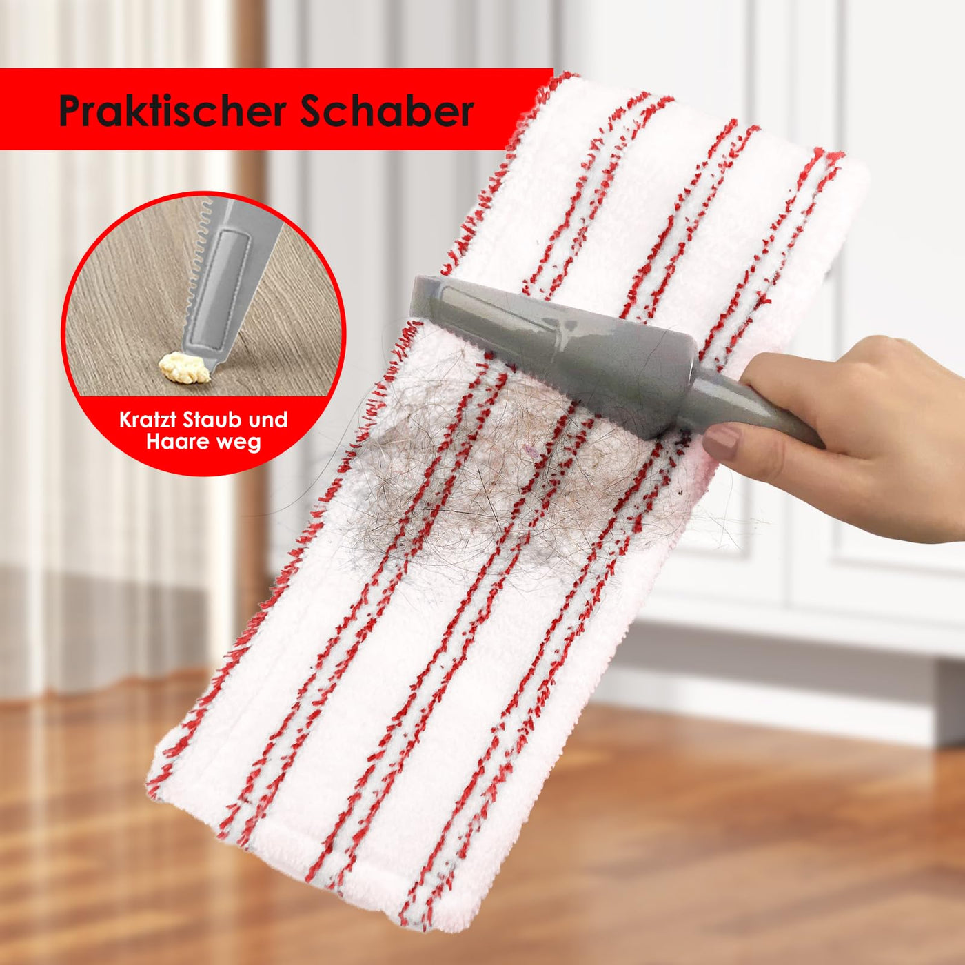 HEVOL Flach Wischmopp,Chenille Mikrofaser Bodenwischer mit 125cm Edelstahlgriff und 4 Wischpads,Flachmopp für Hartholz, Laminat, Fliesenboden,Senden 1 Schaber