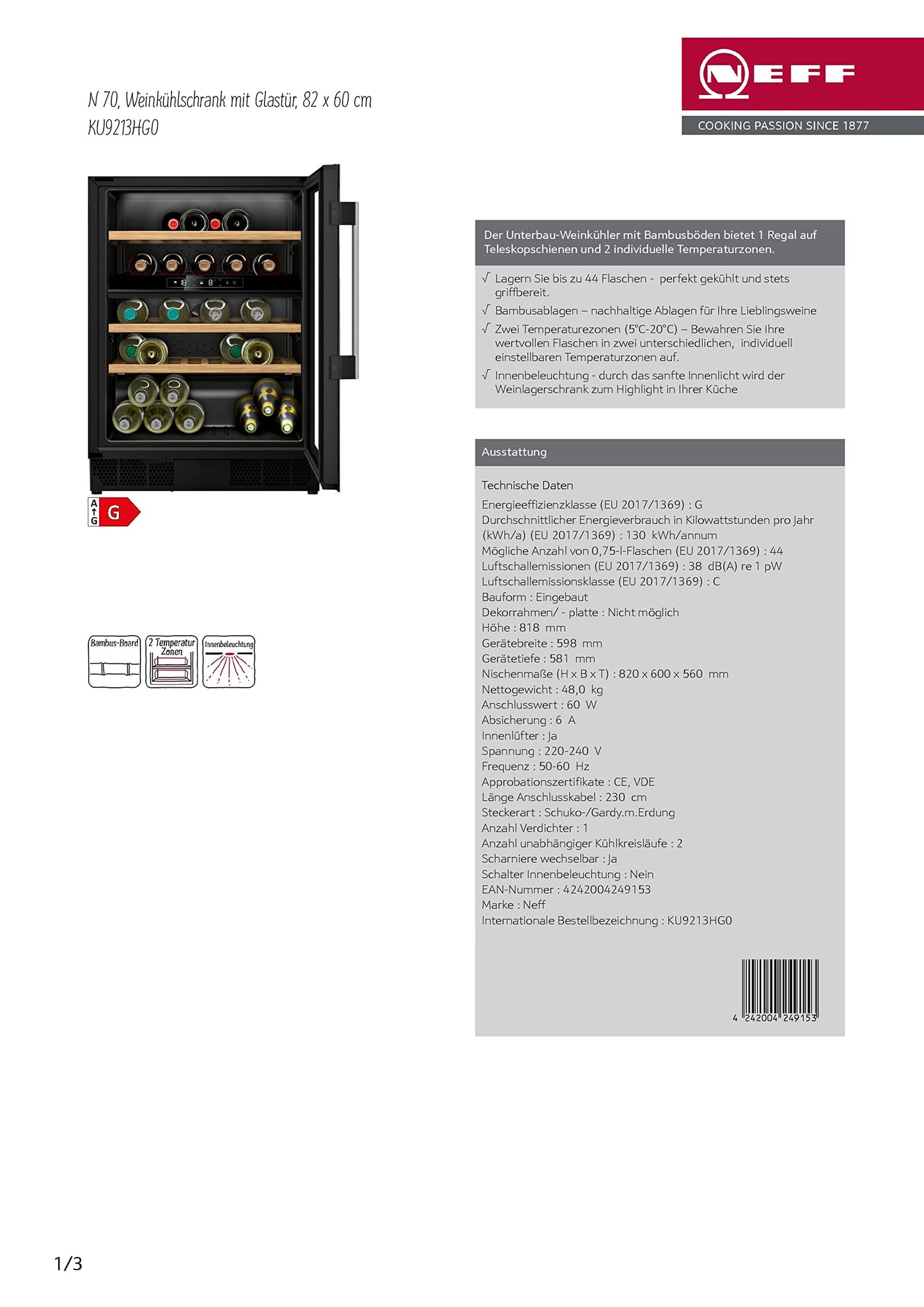 NEFF KU9213HG0, Unterbau-Weinlagerschrank, N70, 82.0 x 60.0 cm, Gesamt: 120 L