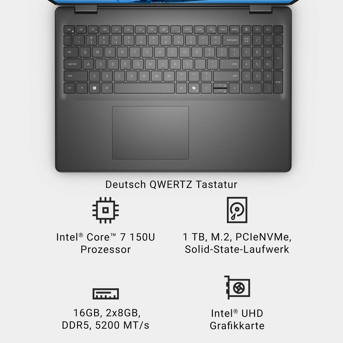 Dell 16 Laptop DC16250 – 16" FHD+ (1920x1200) Display, Intel Core 7 Series 1, Intel UHD Grafik, 16GB DDR5 RAM, 1TB SSD, Windows 11 Home, Fingerabdrucksensor, QWERTZ Tastatur – Schwarz