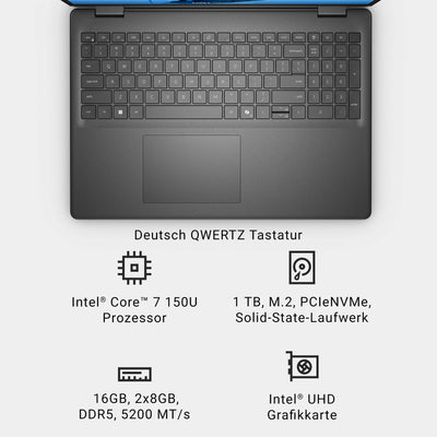 Dell 16 Laptop DC16250 – 16" FHD+ (1920x1200) Display, Intel Core 7 Series 1, Intel UHD Grafik, 16GB DDR5 RAM, 1TB SSD, Windows 11 Home, Fingerabdrucksensor, QWERTZ Tastatur – Schwarz