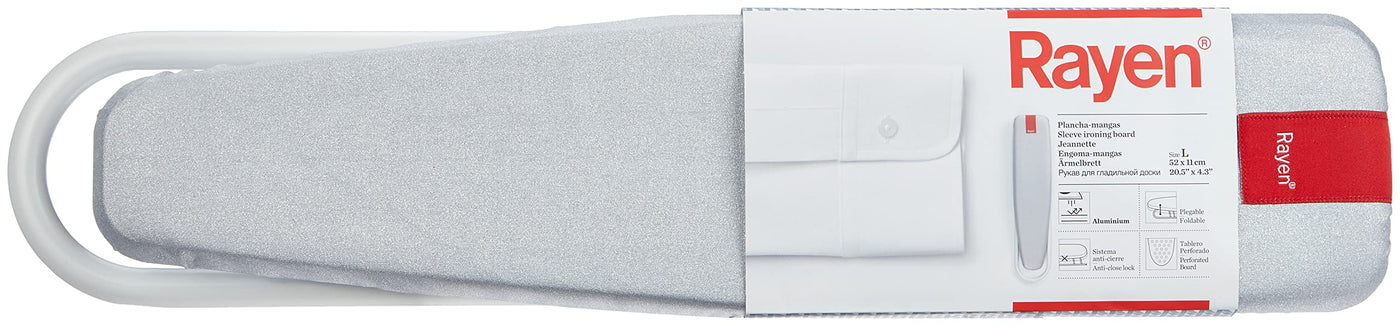 Rayen | Ärmelbügelbrett | Aluminiumbezug | Klappbar | Anti-Schließsystem | Durchlöchertes Brett | Mattweiß | Maße: 52 x 11 cm, Grau