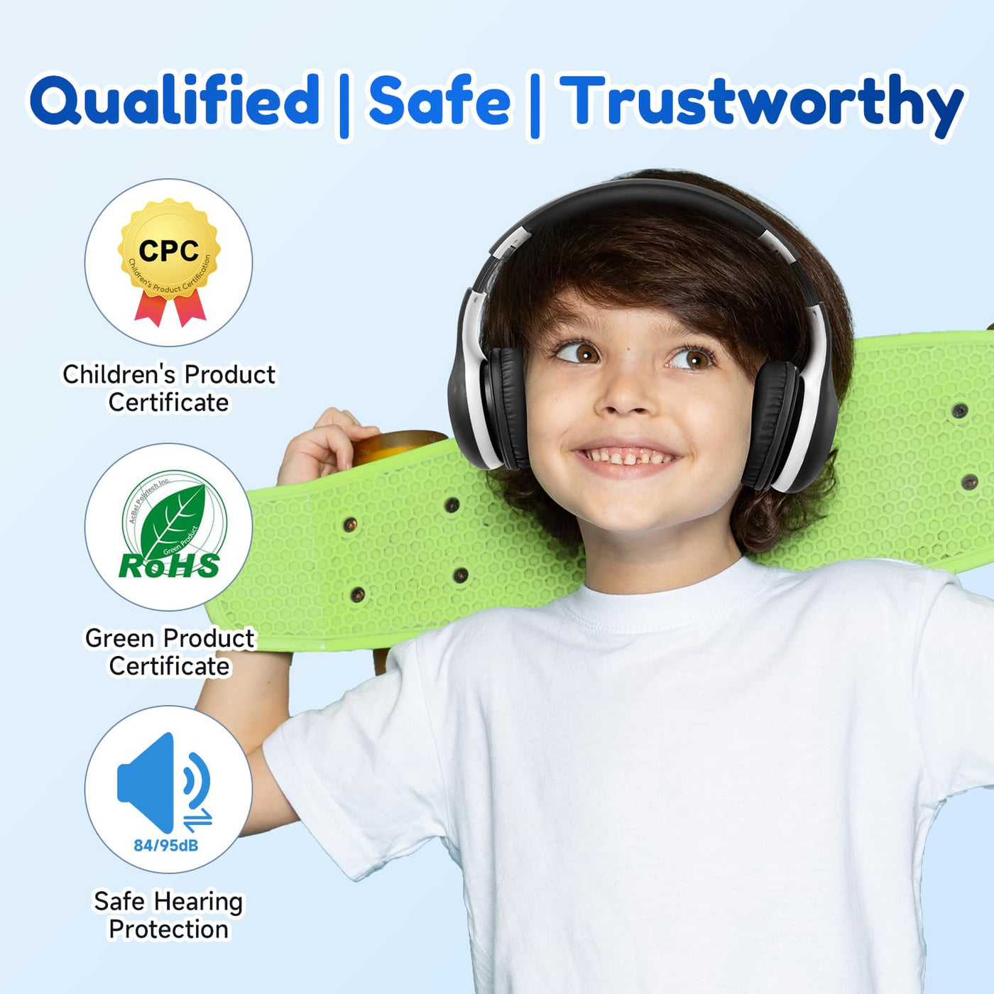 EarFun Bluetooth Kopfhörer Kinder, 85/94dB Lautstärkeregelung, HiFi Sound, HD-Mikrofon, 40 Std Akku, Faltbare, Einstellbar, Kopfhörer Kabellos Bluetooth Kinder für Schule/Reise/PC, Schwarz