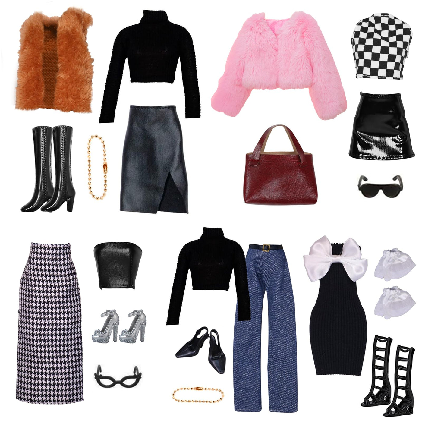 17 Stück Kleidung und Zubehör für 11,5 Zoll Mädchen Puppen Plüsch Westen Set Plüsch Mantel Set Outfits Schleifen Knoten Kleid Langes Etuikleid Set mit 7 Schuhe 5 Zubehör Zufällig Geschenk für Mädchen