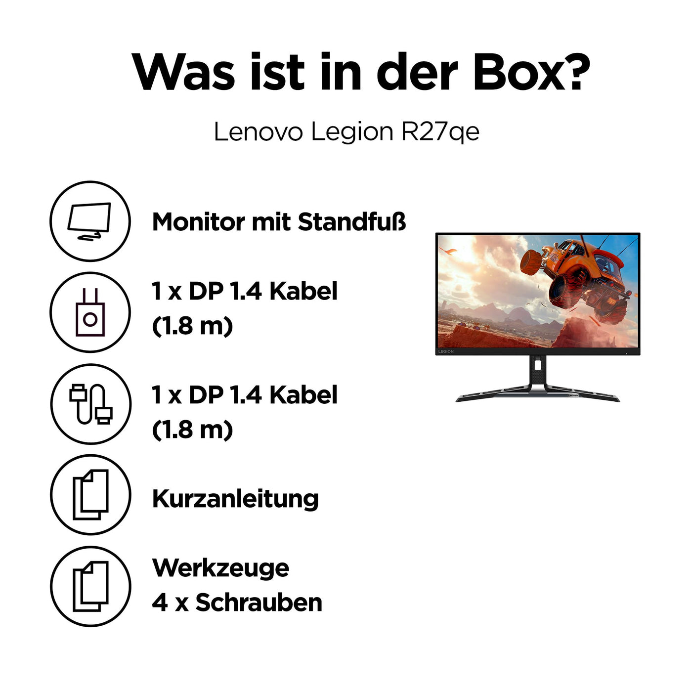 Lenovo Legion R27qe | 27" QHD Gaming Monitor | 2560x1440 | 180Hz | 450 nits | 0,5ms Reaktionszeit | HDMI | DisplayPort | AMD FreeSync | schwarz