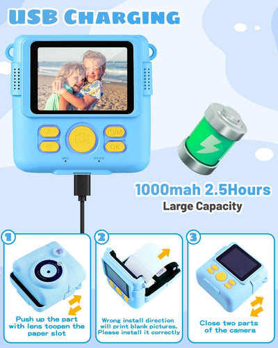 Kinderkamera Spielzeug, 2.4 Zoll Bildschirm DIY Sofortbildkamera Kinder, 1080P HD-Video Digitalkamera für Kinder, mit 32GB SD Karte & Druckpapier, Geschenk für Mädchen & Jungen ab 3-14 Jahren (Blau)