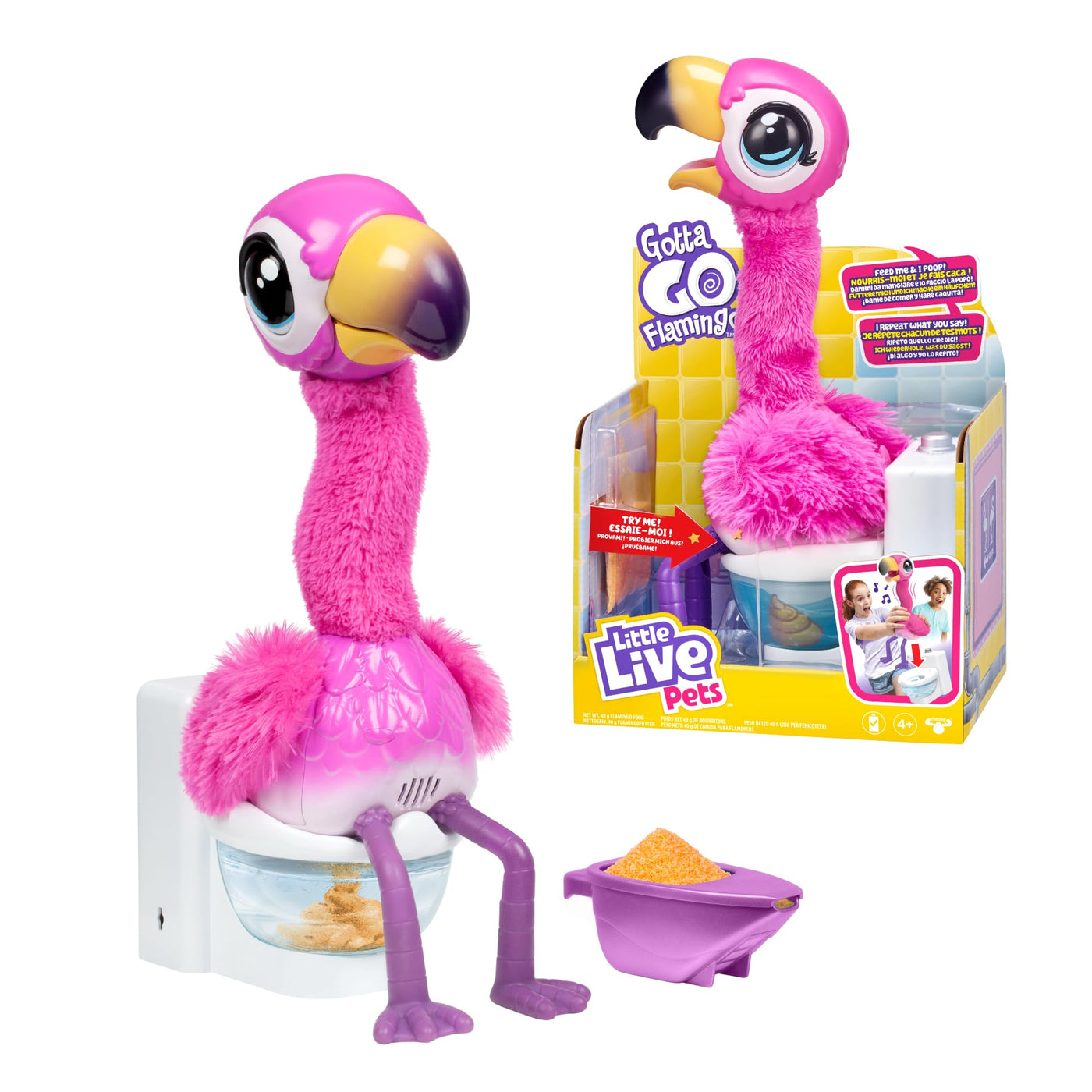 Little Live Pets Flamingo The Poop, Interaktiver Flamingo, der den Hals bewegt und wiederholt, was Sie Sagen, isst und bittet IR zum W.C, trocknet und wiederholt, berühmt, (LPG00000)