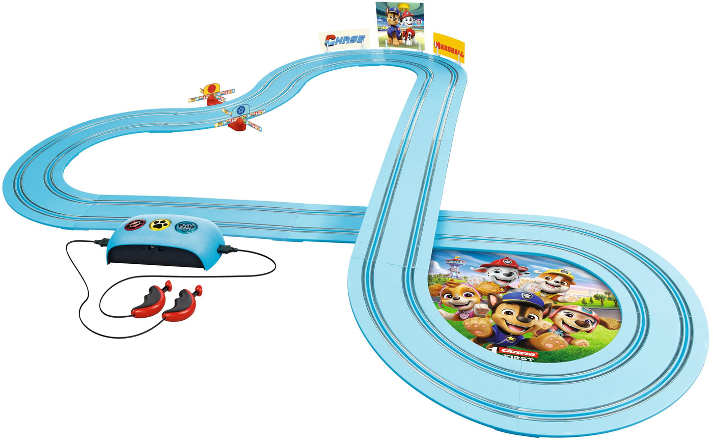 Carrera First PAW Patrol, Race 'N' Rescue – 3,5 Meter Lange Bahn mit Licht-, Sound- & Musikeffekten, interaktive Funktionen – Für aufregende Rettungsmissionen und Abenteuer im Kinderzimmer