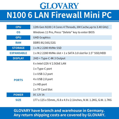 Glovary Firewall Mini PC Quad Core N100, DDR5 8GB RAM 128GB NVMe SSD, 6 x 2.5GbE i226V LAN Fanless Computer Hardware, Micro Router Appliance, AES-NI, OPNsense, TypeC Port, TF Card Slot