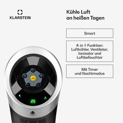 Klarstein 4-in-1: Smart Luftkühler, Ventilator, Luftbefeuchter & Ionisation I 6 L Wassertank, Oszillation, 30 W, 210 m³/h, Timer I Klimagerät ohne Abluftschlauch, Mobiles Klimagerät, Schwarz